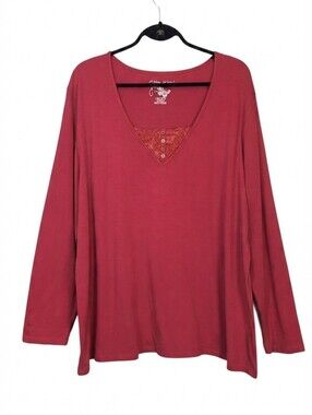 Just My Size JMS Plus Size 4X Red Long Sleeve Top Vneck Lace Button Accent